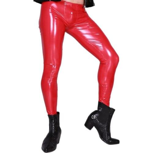 Sexy High Elastic Blue PVC Shiny Pencil Pants Tight Faux Leather Fashion Glossy Punk Pencil Pants Erotic Lingerie Gay Wear F54