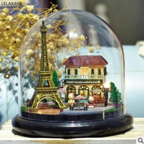 DIY Paris Eiffel Tower Glass Ball Handmade Wooden Dollhouse Miniature Home Doll Houses Home Assembling Toy Model Building Kit
