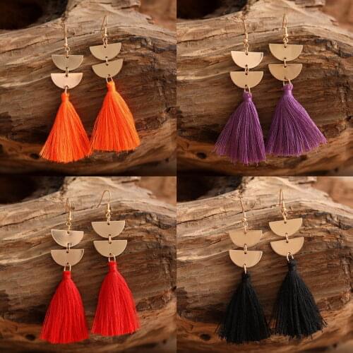 Double Metal Semicircle Link Cotton Tassel Dangle Earrings for Women Trendy Bohemian Statement Earrings Jewelry Gifts Wholesale