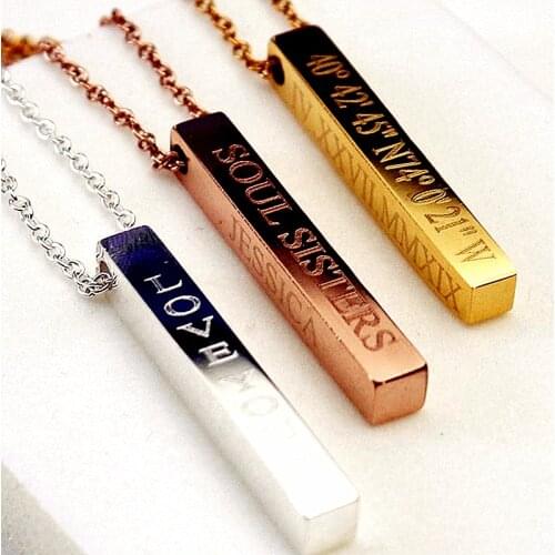Custom 4-Sided 3D Vertical Bar Pendant Necklace,Personalized Sisterhood Necklace,Carved Name,Birthplace Coordinates Necklace