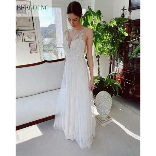 Ivory Lace Tulle Beading V-Neck Floor-Length A-Line Wedding Dresses Sleeveless Bridal Gowns Custom Made