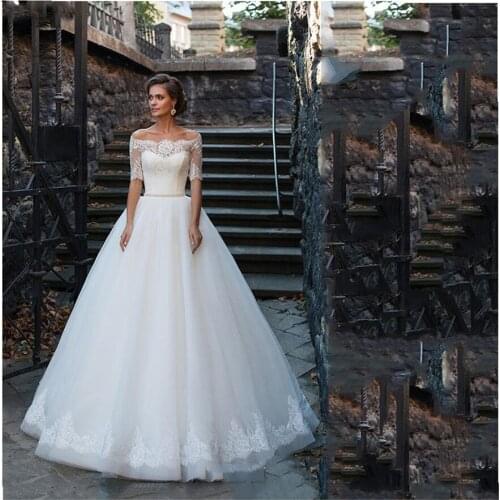 Half Sleeves Lace Appliques A-Line Wedding Dresses Modest Floor Length Bridal Gowns 2020 Princess Wedding Dress
