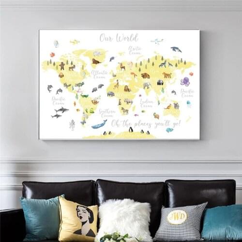 Cute Cartoon World Map Canvas Painting Posters and Prints Quadros Wall Art Picture for Kids Room Home Decoration Cuadros