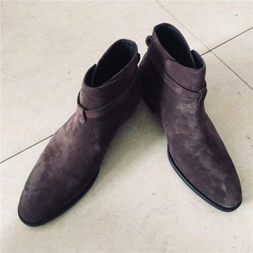 2019 New coffee Brown Handson man pointed Toe ankle strap genuine leather suede Boots west dress wedding men shoes