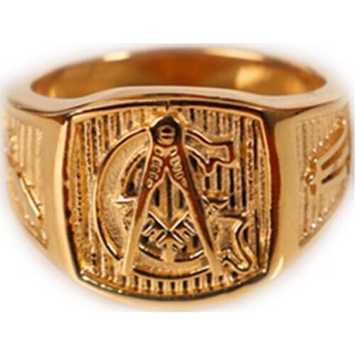 Gold Tone Freemason Mens Ring Free Mason 316L Stainless Steel Masonic Ring Size 7-15