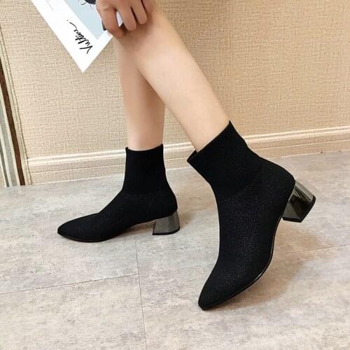 Slim Stretch Boots for Women Pointed Toe Sock Boots Square High Heel Boots Shoes Woman Fashion Feminina Zapatillas Mujer U22-01