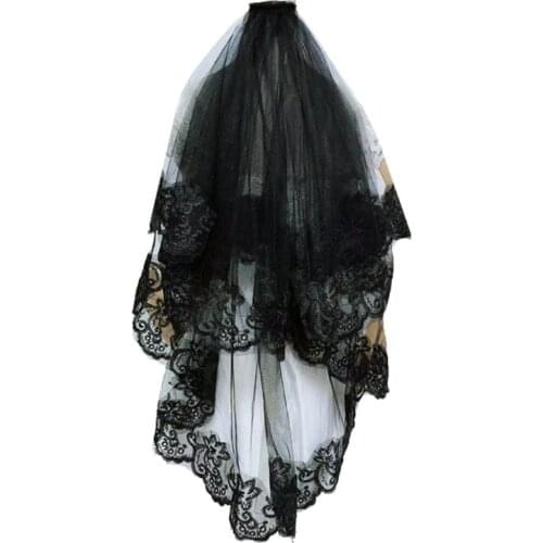 One-Layer Women Girl Black Mantilla Wedding Veil Embroidery Floral Lace Trim Halloween Cosplay Costume Sheer Hair W0YA