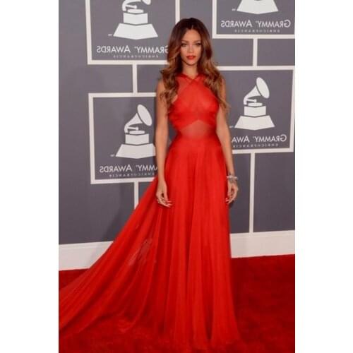 Popular A-Line Sleeveless Floor-length Red Chiffon Celebrity dresses
