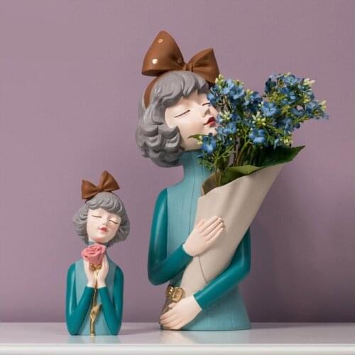 Resin Modern Girl Sculpture Statue Art Home Decoration For Living Room Decor Desktop Gifts Nodic Cute Bow Girls Vase Arrangement