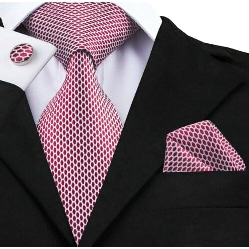 SN-1527 Hi-Tie Latest Design Tie Hanky Cufflinks Set Fashion High Quality Mens Neck Tie Manufactor Red Geometric Tie on Sale