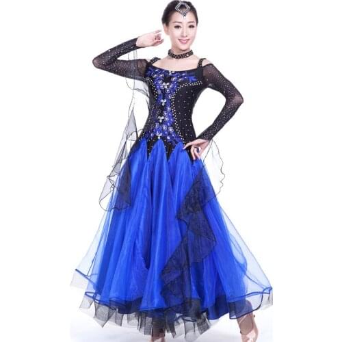 Modern dance dress rhinestones long sleeve dance costumes big flare mesh hem