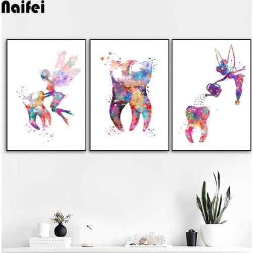 Dental Art Tooth Fairy Diamond Painting Water color Wall Art Dental Hygienist Diamond embroidery 3 pieces Teeth Clinic Decor
