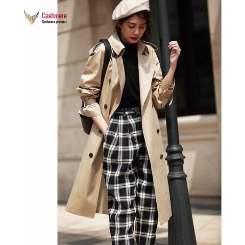 Windbreaker Female Autumn Long British Atyle Waterproof Windbreaker Double-breasted Slim Cotton Khaki Windbreaker Lace-UP Casual