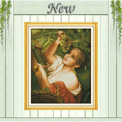 The plucking grapes girl,Counted print on canvas DMC 14CT 11CT Cross Stitch Needlework kit,Embroider Set,pretty woman home Decor