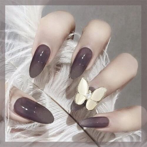 Jelly black pure color with golden butterfly 3d decorated fake nails 24pcs with glue lady full nail tips middle-long false nails