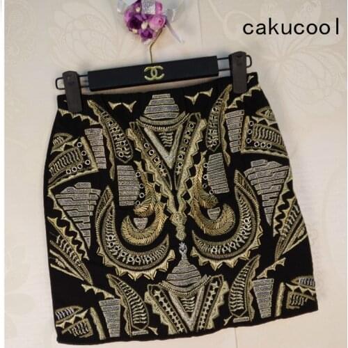 Cakucool Women Vintage Sequined Mini Skirt Embroid Beading Bodycon Skirt Black white bling Geometric Empire Sheath Summer Skirt