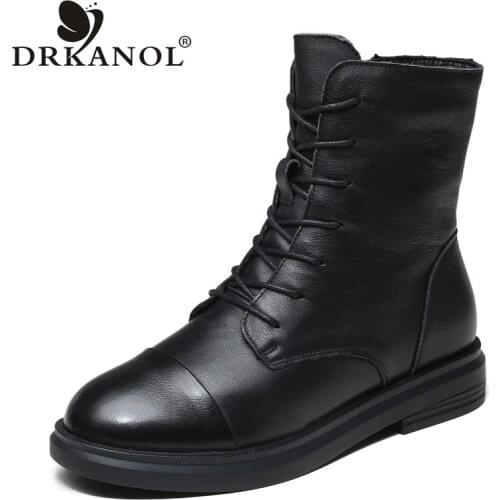 DRKANOL British Style Autumn Winter Women Boots 100% Genuine Leather Flat Heel Soft Bottom Warm Mid-calf Boots Woman Botas Mujer