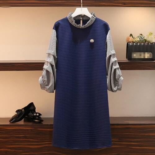Plus Size Women Dress 2020 New Pleated Stand Collar Plaid Lantern Sleeve Patchwork Loose Casual Ladies Dresses L-4XL