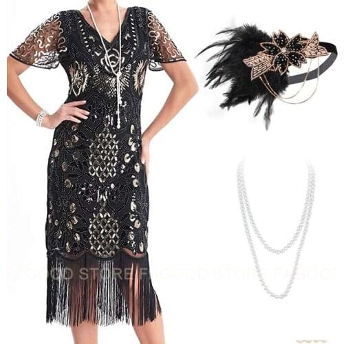 Womens Vintage Lace Art Deco Fringed Gatsby 1920s Costume Dress with 20s Accessories Set Plus Size