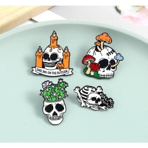 Lonely Dead Skeleton Enamel Custom Pin Cactus Mushroom Candles Brooches Bag Lapel Pin Punk Skull Dark Badges Jewelry for Friends
