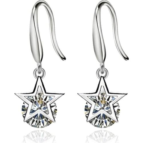 100% 925 sterling silver fashion shiny crystal star ladies`stud earrings female birthday gift wholesale women drop shipping