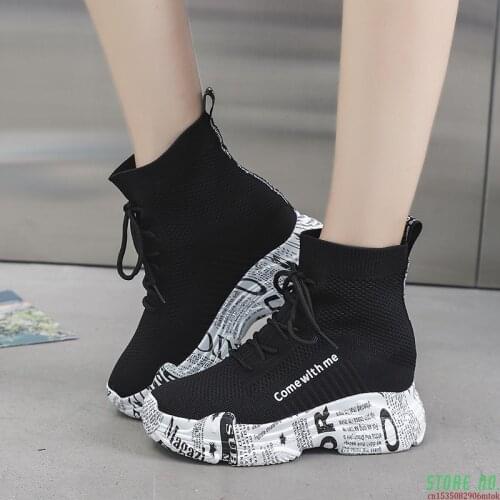 Fashion Letter Graffiti High Platform Ankle Boots For Women Hidden Heels Knitted Casual Shoes Woman Slip On Botas Mujer