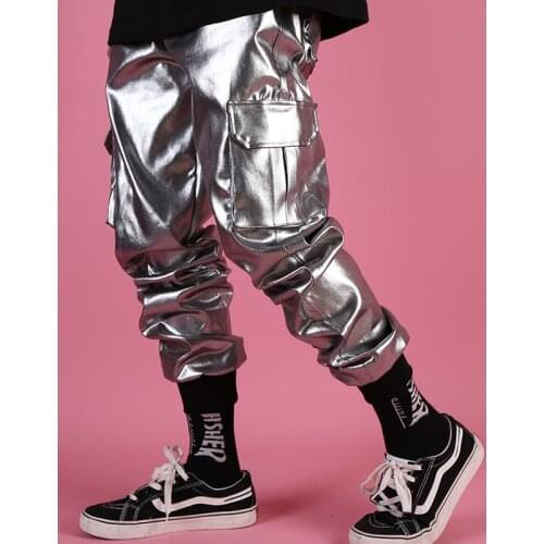 Casual Leather Harem Pant Male Streetwear Hip Hop Punk Silver Multi Pocket Cargo Trouser Stage Clothes DJ Singer Pant Men