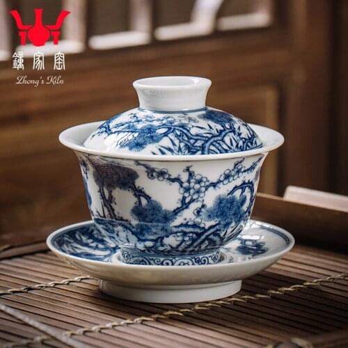 Bowl single Jingdezhen pure handmade wood kiln blue and white cover bowl large pine bamboo plum tea bowl Sancai cup