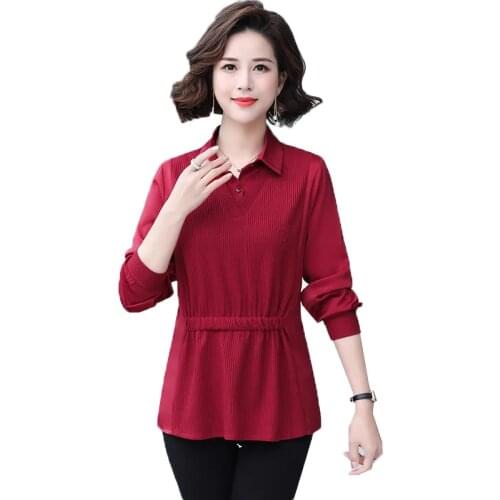 Fake Two Pieces T-shirts Women Long Sleeves Tops Spring Autumn Middle Age Mother Pullovers Shirt collar Tops Ladies Plus Size