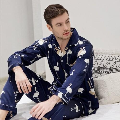 Men Silky Satin Pajamas Set Male 2PCS Long Sleeve Shirt And Long Pants Pajamas Sleep Set Loose Nightwear Pijamas Robe Nighties