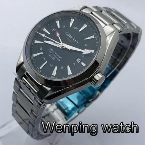 Corgeut 41mm Mens Luxury GMT Mechanical Watch Silver Case Sapphire Glass Black Dial Luminous Waterproof Automatic Watch