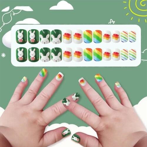 24PCS/Boxed False Nails for Children DIY Full Cover Short Size Press On Fake Nails for Kids Cute White Rabbit Nail Art Tips
