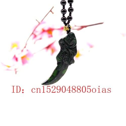 Natural Black Chinese Jade Obsidian Wolf Tooth Pendant Necklace Charm Jewelry Double-sided Carved Amulet Gifts for Men Women