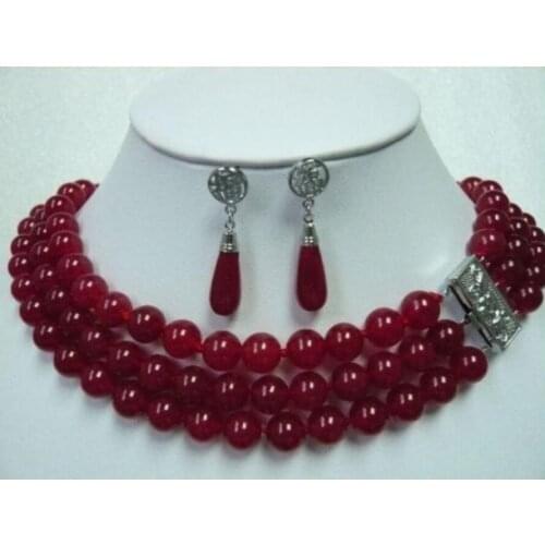Very good Fancy 3 Row Green/Red 7-8mm Jade Necklace Earring Ring Set 18K yellow gold plated wholesale Quartz ston
