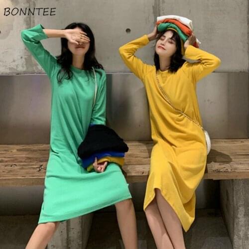 Dress Women Solid O-neck Korean Style Casual Student Cute Straight Midi Dresses All-match Bottoming Fashion Ins Long Sleeve Chic