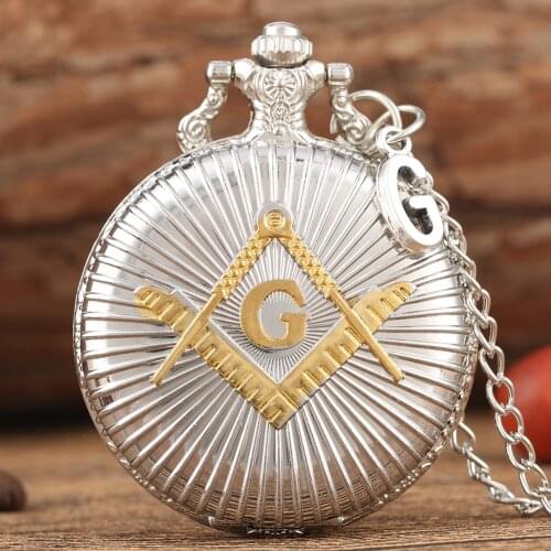 Luxury Silver Masonic Freemasonry Theme Alloy Quartz Pocket Watch Freemason Pendant Hour Clock Necklace Chain with G Accessory
