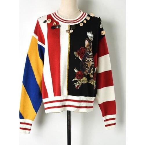 Luxury Brand Designer Knitted Sweater for Women Vintage O Neck Beading Crown Cat Embroidery Flower Buttons Knitted Pullovers