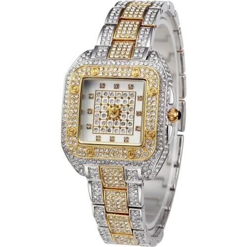 Luxury Square Quartz Diamond Women Dress Watch Gold Ice Iced Out Bling Rhinestone Watch Womens Ladies Crystal Dress Watches Gift