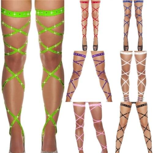 Sexy Women Bandage Fishnet Stockings Thigh-High Crystal Studded Thigh High Leg Rave Wraps Strappy Rhinestone Tights
