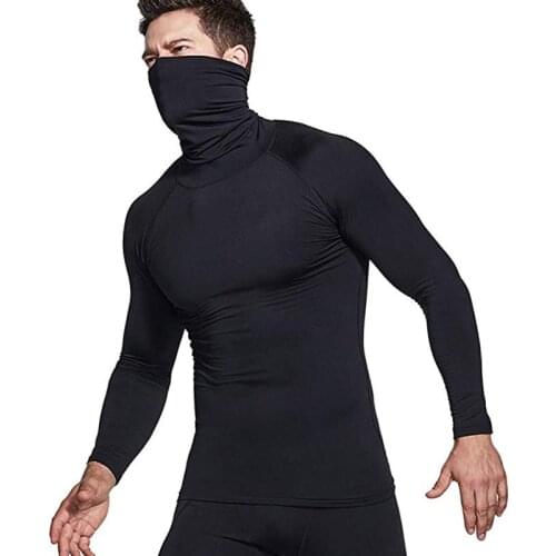 High quality lycra compression shirts Black pure color gym tshirts men Turtleneck shirt long sleeves Mens T-Shirts