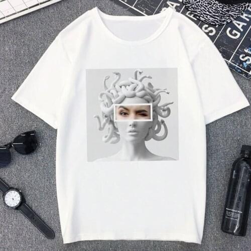Avoid looking at Medusa T shirt Women spoof personality vogue Tshirt summer Harajuku aesthetic Short Sleeve White Female T-shirt