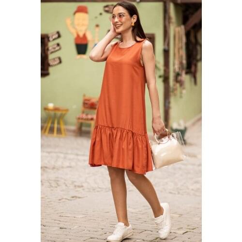 Women Gril Sleeveless Skirt Frilly Dress ARM-18Y001156 Mini Viscose Solid Color Boat Neckline Orange