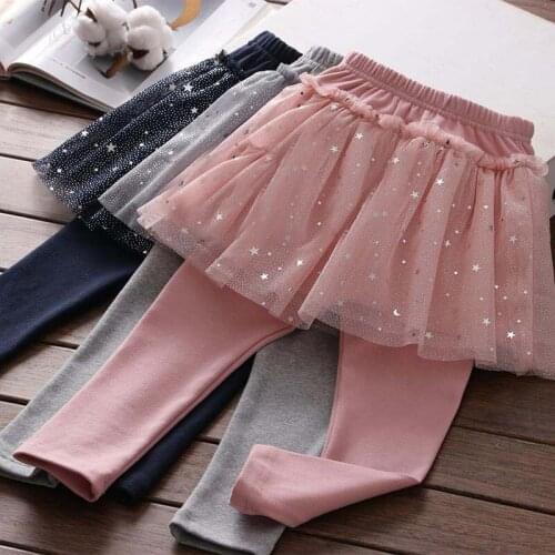 2 3 4 5 6 Years Baby Girls Culottes Star Mesh Stitching Pants Tutu Fake Two Pieces Girls Leggings Kids Fashion Trousers Leggings