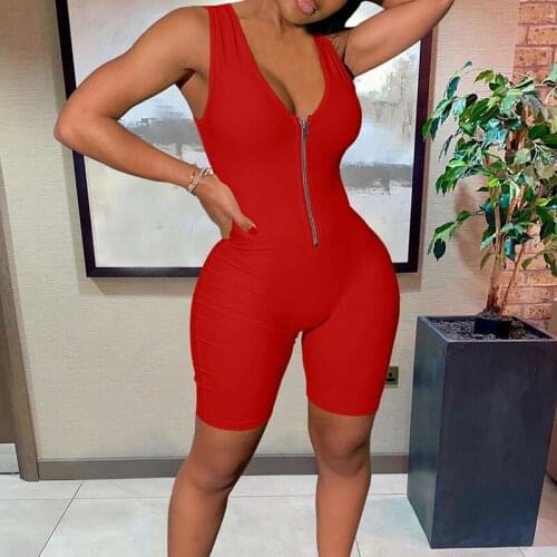 2021 NEW Women V-neck Sleeveless Skinny Bodysuit Solid Fashion Casual Body Top Zip Jumpsuit
