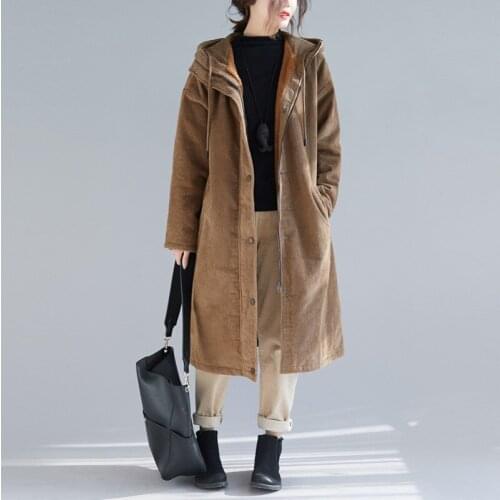 Winter mid length over knee corduroy thickened cotton padded jacket loose hooded large cotton padded jacket lamb fur coat woman