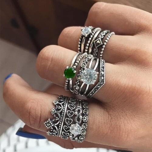 12pcs/set Bohemian Retro Crystal Flower heart Hollow Gem Ring Set Women Wedding Anniversary Gift