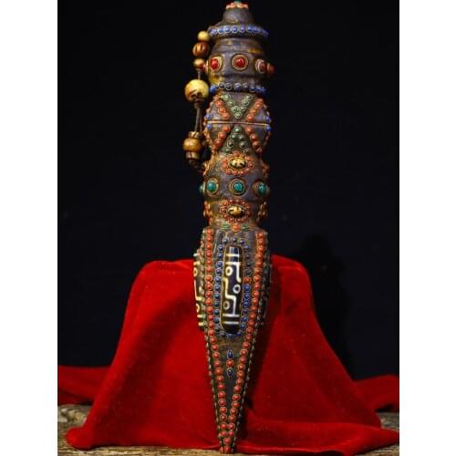 13" Tibet Buddhism Natural meteorite Gem Dzi Bead Dorje Vajra Phurba Dagger Holder Magnetic Exorcism Ward off evil spirits Town