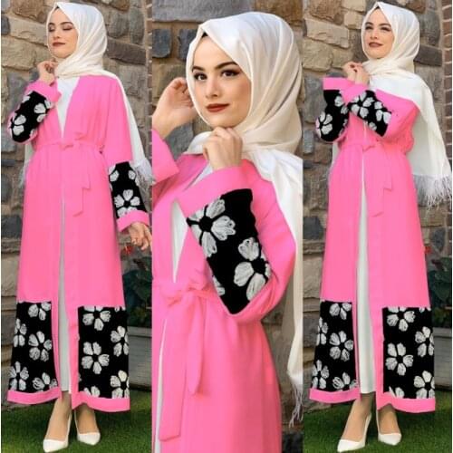 2021 New Muslim Robe Digital Printing Dress Arab Womens Robe Islamic Turkey Middle East Clothes Pink