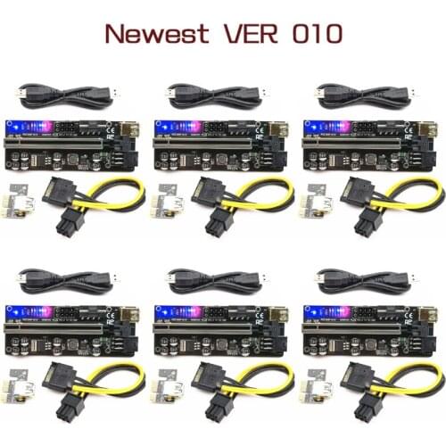 6pcs Riser 010 USB 3.0 PCIE Riser PCI Express X16 Extender Adapter 010S Plus GPU Riser Card SATA 15pin to 6pin Power Marquee LED