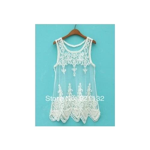866 Free Shipping Womens New 2014 Summer Fashion O-neck Embroidery Lace Vest Transparent Sleeveless Blouse Black/White/Beige